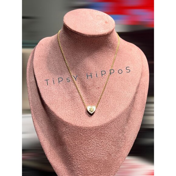 Tory Burch White and Gold Heart Logo Pendant Necklace - Picture 4 of 5